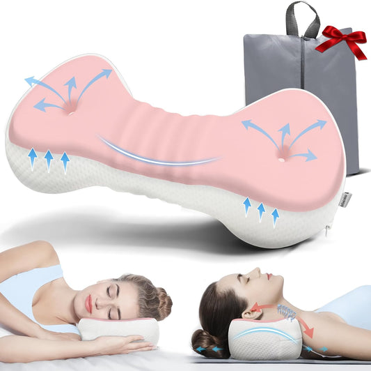 Neck Support Pillow, Cervical Neck Roll Memory Foam Pillow, Cervical Traction Device, Neck Pillow for Side Sleepers, Camping & Travel Pillow with Portable Bag