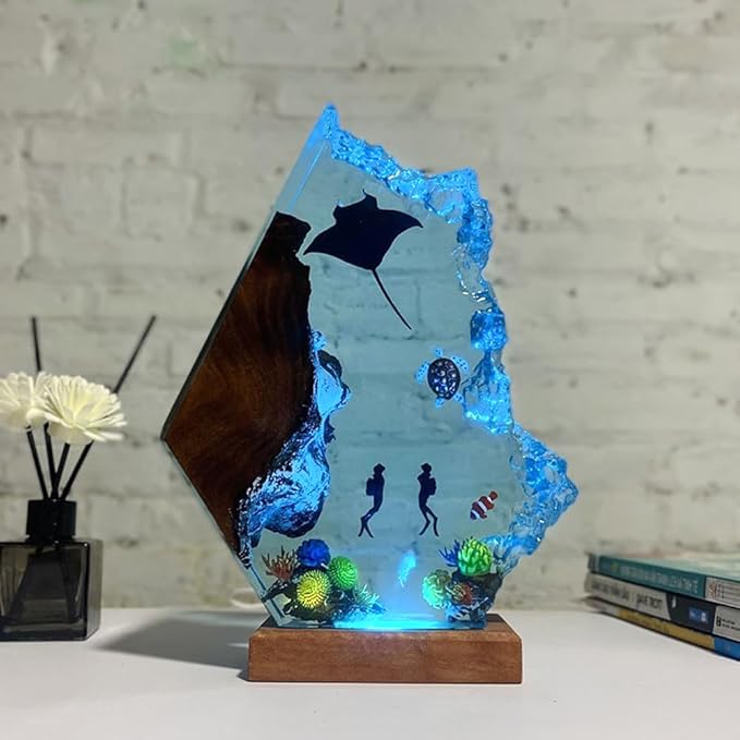 Handmade 3D Ocean Resin Lamp - USB Powered Resin Ocean Night Light with Wooden Base, Variable Lights, Scuba Diver Gifts, Bedroom Decor, Unique Gifts for Mother's Father's Birthday - Bloomnest