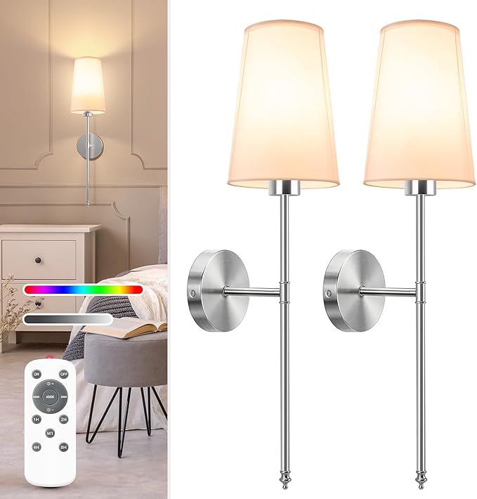 NIORSUN Brushed Nickel Battery Operated Wall Sconce Set of 2,Rechargeable Wall Lights with 5200mAh Dimmable Detachable Bulbs and Remote,9 Colors Wireless Sconces for Bedroom Living Room Hallway - Bloomnest