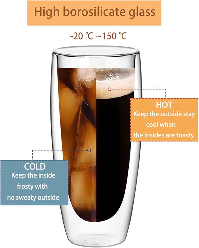 18.5oz Glass Coffee Mugs Set of 2, Double Walled Espresso Cups for Latte Cappuccino Cocoa Milk Cafe Juice, Clear Glass Tea Cup Set Glassware Gift for Christmas Birthday (18.5oz-2Pack) - Bloomnest