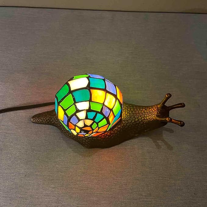 Bieye L13003 Land Snail Tiffany Style Stained Glass Accent Table Lamp for Home Decoration (Multicolor, 10" D x 5" W x 5" H) - Bloomnest