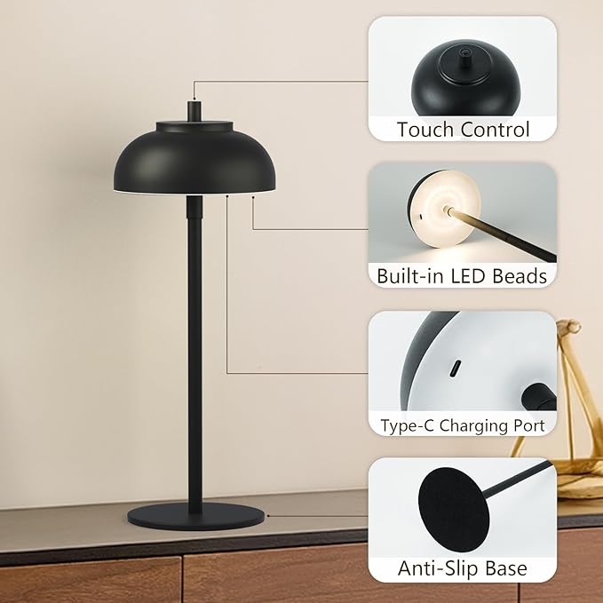 Cordless Table Lamps Rechargeable - 5000mAh Battery Operated Table Lamp, 3 Color Stepless Dimming Portable LED Table Light for Restaurant/Bedroom/Bars/Cafe/Outdoor/Camping(Black 2 Pack) - Bloomnest