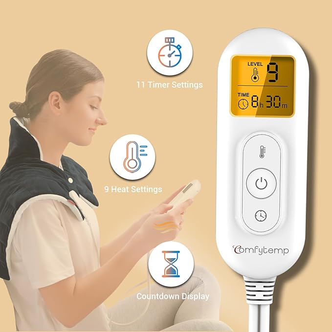 Comfytemp Heating Pad for Neck and Shoulders and Back, 2.6lb Weighted Electric Heat Pad FSA Eligible, Large HSA Heated Wrap, 9 Heat Settings & 11 Timer, Birthday Gifts for Women Men Mom Dad, Black - Bloomnest