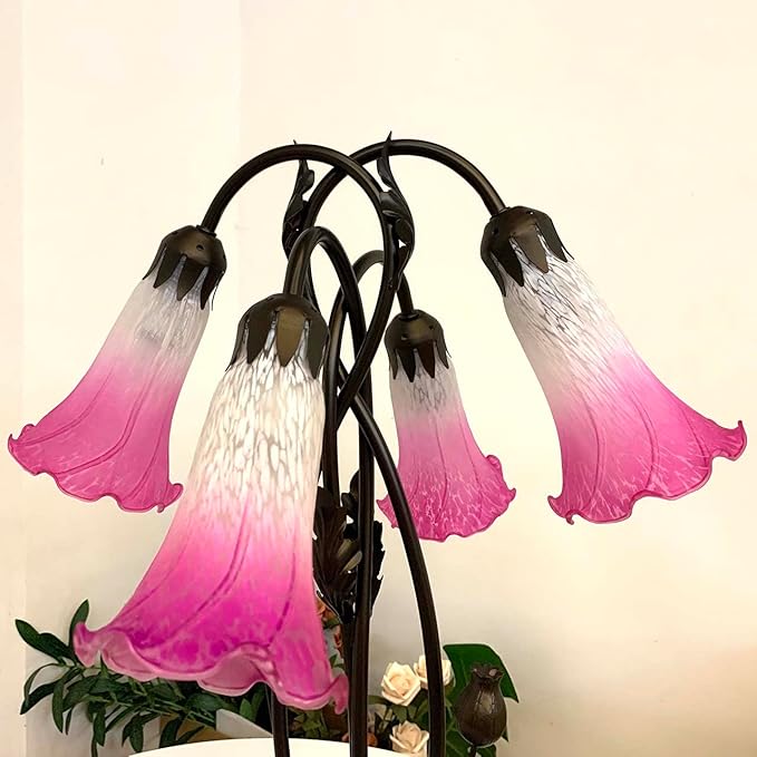 Bieye L10848 Lily Flower Blown Glass Accent Table Lamp for Living Room Bedroom Decoration (4-Light, Pink) - Bloomnest
