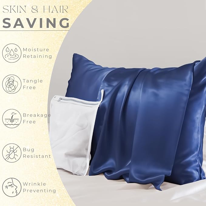PROMEED Premium 6A+ Silk Pillowcase Toddler Size for Kids - 100% 23 Momme Mulberry Silk Travel Pillow Case Covers for Hair and Skin (Toddler/Travel 13"x18", Navy) - Bloomnest