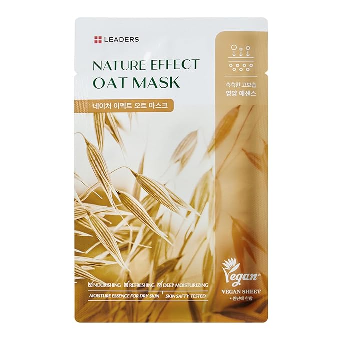 LEADERS Nature Effect Oat Mask - Hydrating & Soothing Face Mask for Dry, Irritated Skin | Nourishes, Soothes, Dryness with Oat Extract | Serum Content, Vegan Certified - 10 Sheets - Bloomnest