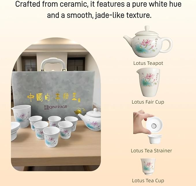 Lotus-Painted Chinese Gongfu Porcelain Tea Set: 6 Teacups & 1 Teapot. Made of Chinese/Japanese-style porcelain, ideal as a gift for business occasions & holidays (Lotus Design) - Bloomnest