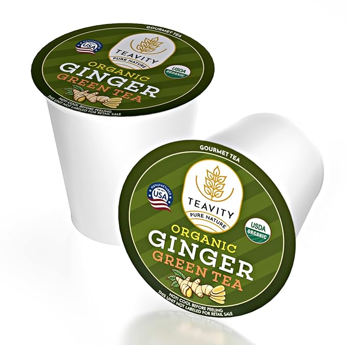 Green Tea & Ginger Tea Pods for Keurig - Caffeinated, Organic, Dye Free, Unsweetened, Herbal Blend for K Cup Machines - Hot or Iced (24 Tea Pods) - Bloomnest