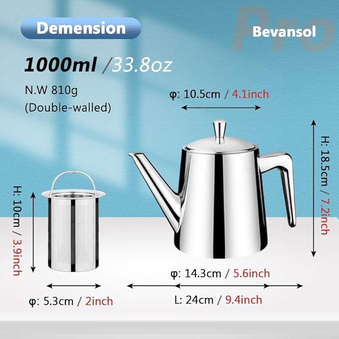 304 Stainless Steel Double-walled Teapot Long Strain Large Capacity Teapot with Infuser and Removable Filter for Home Restaurant Office Dinnerware Accessories Drinkware Item - Bloomnest