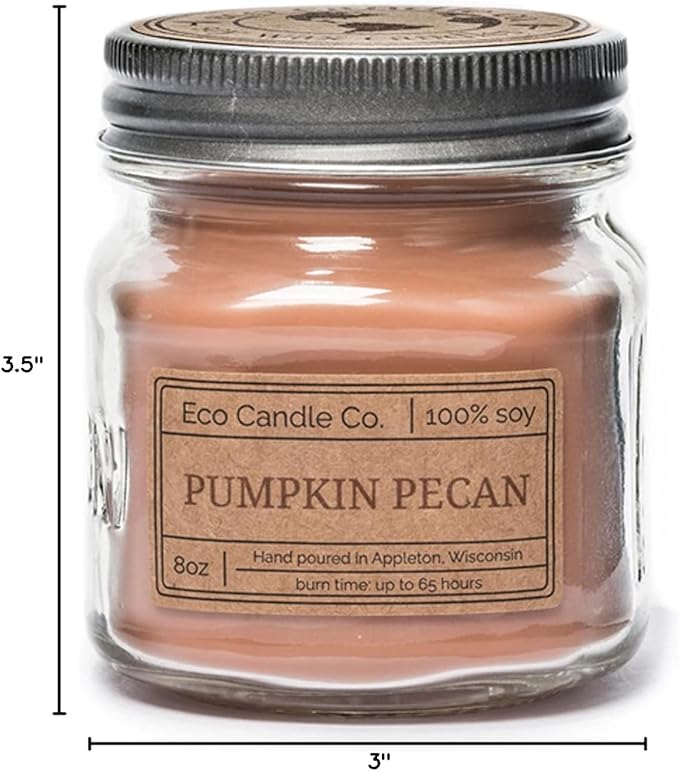 ECO CANDLE CO. Mason Jar Candle, Pumpkin Pecan, 8 oz. - Scents of Pumpkin, Pecans, & Maple Syrup - 100% Soy Wax, No Lead, Kraft Label & Antiqued Pewter Lid, Hand Poured, Midwest Grown Soybeans - Bloomnest