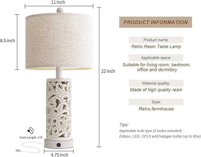 OYEARS 22'' Table Lamp Set of 2 for Living Room,Farmhouse Lamp for for Bedroom,Vintage Retro Bedside Lamps with USB Ports Linen Shade for Home Office (Wash White, Bulb Included) - Bloomnest