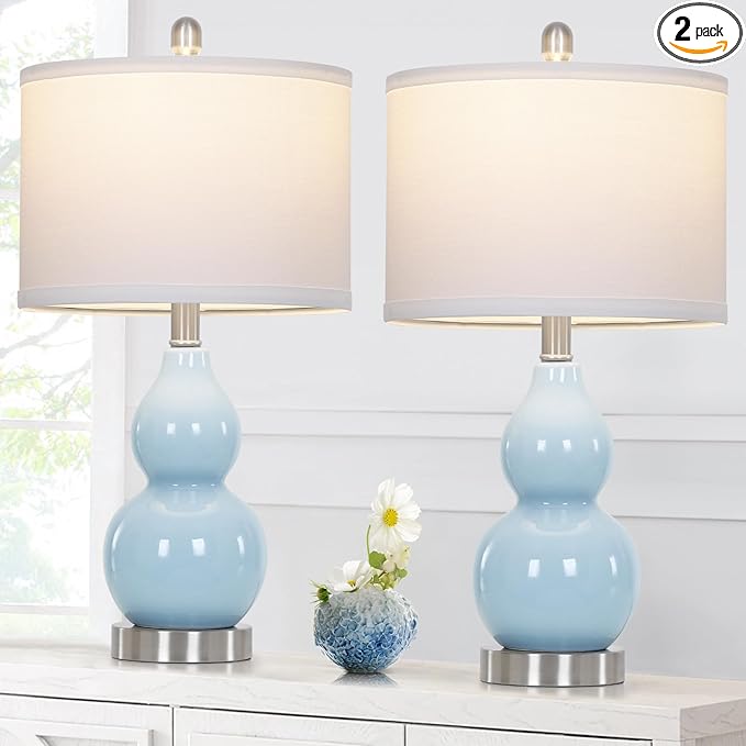 Double Gourd Ceramic Table Lamps Set of 2, Modern Blue Bedside Lamps for Night Stand, Contemporary Nightstand Lamps for Bedroom Living Room (Bulb Included) - Bloomnest