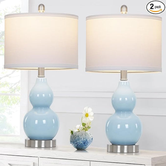 Double Gourd Ceramic Table Lamps Set of 2, Modern Blue Bedside Lamps for Night Stand, Contemporary Nightstand Lamps for Bedroom Living Room (Bulb Included) - Bloomnest