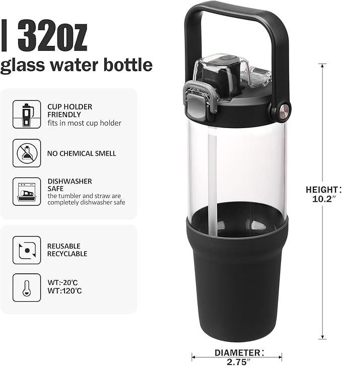 Glass Tumbler with Carry Handle, Clear Glass Water Bottle with Leakproof Lid, Spout Lid&Straw, BPA-Free, 32 oz, Black - Bloomnest