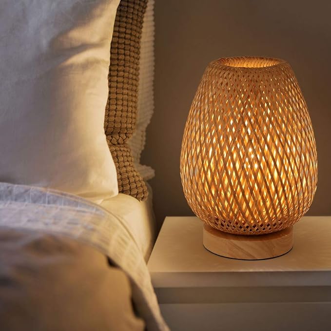 Bamboo Weaving Table Lamp with Handmade Natural Wooden Base, Eye-Caring Bedroom Bedside Night Light, Retro Desk Lamp Reading Light Home Decor, Unique Handicraft House Warmging Gift - Bloomnest