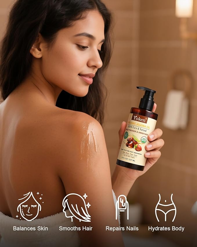 USDA Organic Jojoba Oil Cold Pressed 8 fl oz, 100% Pure & Natural Unrefined Jojoba Oil for Face Hair & Skin Massage, Hexane Free, Deeply Moisturizing Body Carrier oils Multi-Purpose Serum - Bloomnest