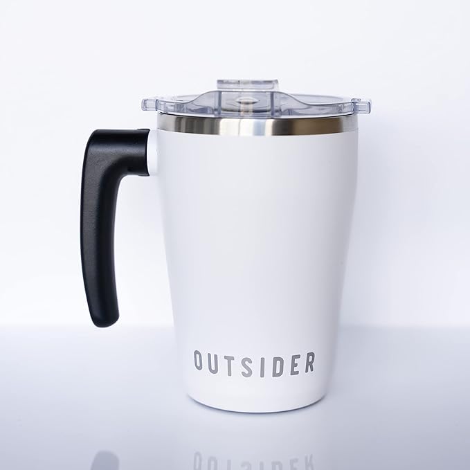 OUTSIDER Stainless Steel Vacuum Insulated Coffee Mug/Cup with Rotating Handle and Spill Proof Lid – Great Travel Tumbler for Outdoor, Home, Office – 17 ounces, White