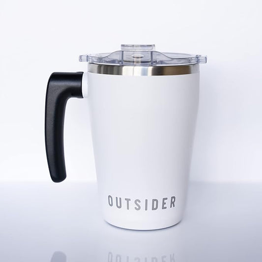 OUTSIDER Stainless Steel Vacuum Insulated Coffee Mug/Cup with Rotating Handle and Spill Proof Lid – Great Travel Tumbler for Outdoor, Home, Office – 17 ounces, White
