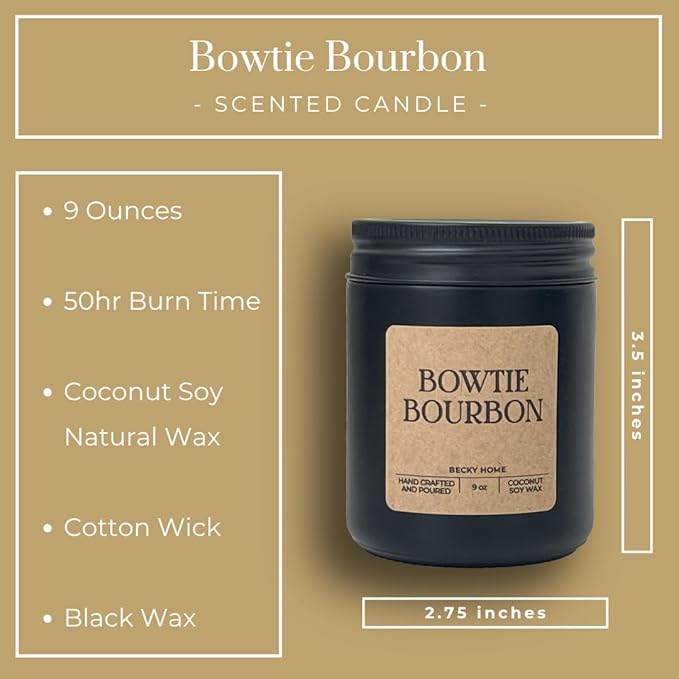9oz Scented Candle for Men, Bourbon Bowties Scented, Men Scented Candle, Long Lasting Masculine Scents, Natural Coconut Jar Candle for Home, Bacehlor Pad Decor, The Perfect Mens Gift - Bloomnest
