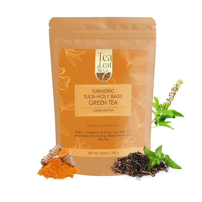 Tealeaf & Co. Turmeric Tulsi Holy Basil Green Tea Loose Leaf - Turmeric, Tulsi & Peppermint Tea Blended with Fresh Herbs & Spices - 50 Servings, Low Caffeine & Gluten Free (3.52oz/100gm) - Bloomnest