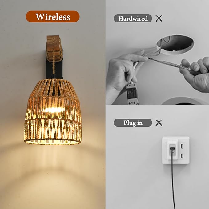 Battery Operated Wall Sconce Set of Two, Rattan Wall Sconces Battery Operated Set of 2, Boho Wall lights with Remote, Rechargeable Wall Sconce for Bedroom,Living Room, Entryway 15 Colors Dimmable - Bloomnest