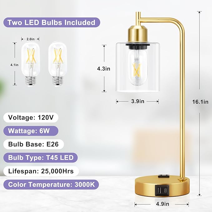 Innqoo Industrial Gold Table Lamp for Bedrooms Set of 2-3-Way Dimmable Desk Lamp with USB C+A Ports and Outlet, Gold Lamps with Clear Glass Shade for Living Room, Desk Lamps for Home Office - Bloomnest