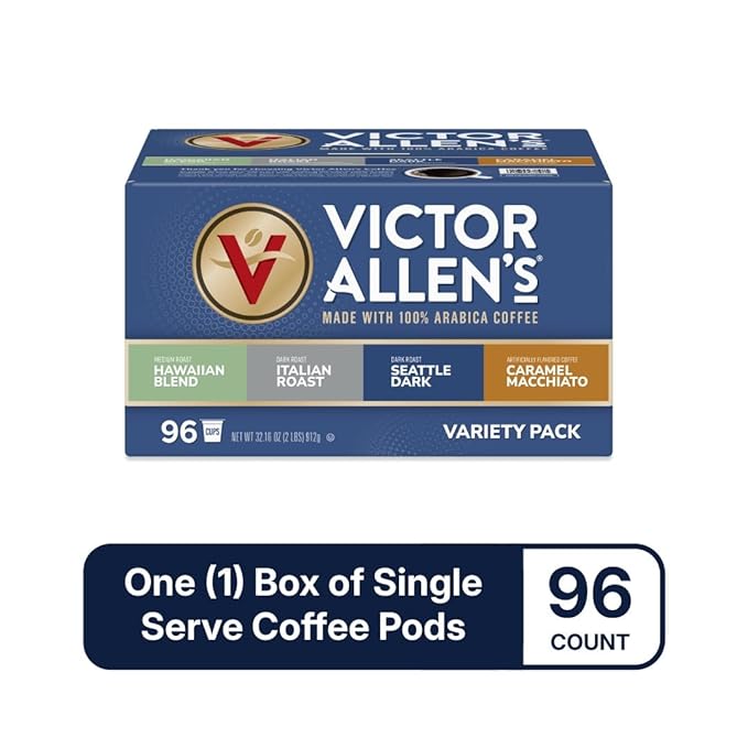 Victor Allen's Coffee Variety Pack (Kona Blend, Italian Roast, Seattle Dark, Caramel Macchiato), 96 Count, Single Serve Coffee Pods for Keurig K-Cup Brewers - Bloomnest
