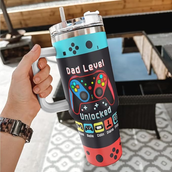 Personalized Gamer Dad Tumbler with Handle and Straw, Custom Controller Design with Kids’ Names, Funny Father’s Day Gift for Gaming Father or Retro Player - Bloomnest