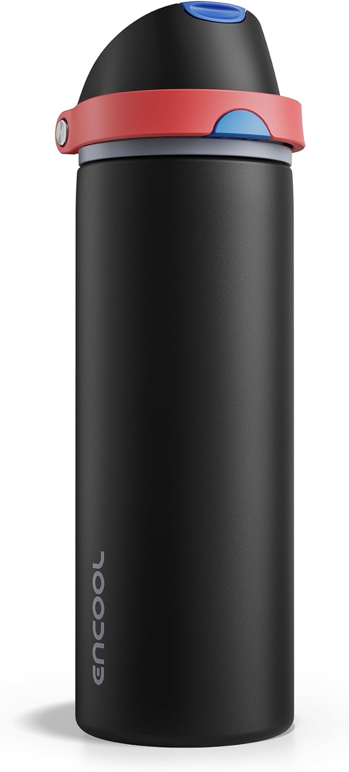 Insulated Water Bottle with Straw - Encool Stainless Steel Water Bottle with Push Button Lid, Leak-Proof & BPA-Free, Keeps Cold for 24 Hours for Sports, Travel, Gym (24 oz, Oil Black) ENCOOL