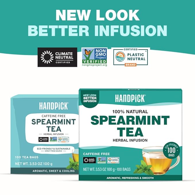 HANDPICK, Spearmint Tea Bags for PCOS relief (100 Herbal Tea Bags) |Refreshing Mint Tea | Non-GMO | Round Eco-Conscious Teabags - Bloomnest