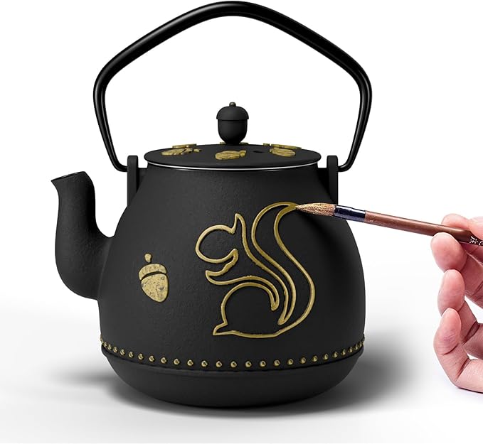Toptier Teapot with Removable Infuser, Cast Iron Tea Kettle Stovetop Safe, Squirrel Design Tea Pot Coated with Enameled Interior for 32 Ounce (950 ml), Black - Bloomnest