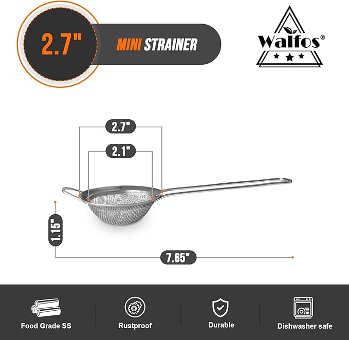 Walfos Mini Fine Mesh Tea Strainer, Stainless Steel Small Sifter with Sturdy Handle, 2.7 Inch Kitchen Metal Sieve for Tea, Coffee, Cocktail, Juice, Sugar and Spices - Bloomnest