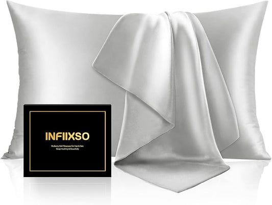 INFIIXSO Mulberry Silk Pillow Cases King Size Set of 2, Silk Pillowcase with Hidden Zipper 20"x36", Extraordinary Smooth and Soft Pillow Case for Hair and Skin(Light Grey, 2 Pack) - Bloomnest