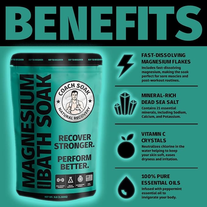 Coach Soak Recovery Bath Soak & Cream - Alternative to Epsom Salt Bath Soak - Fast-Absorbing Pure Magnesium Flakes with 21 Minerals, Bath Salts & Essential Oils - 2 Pack - Cooling Peppermint - Bloomnest
