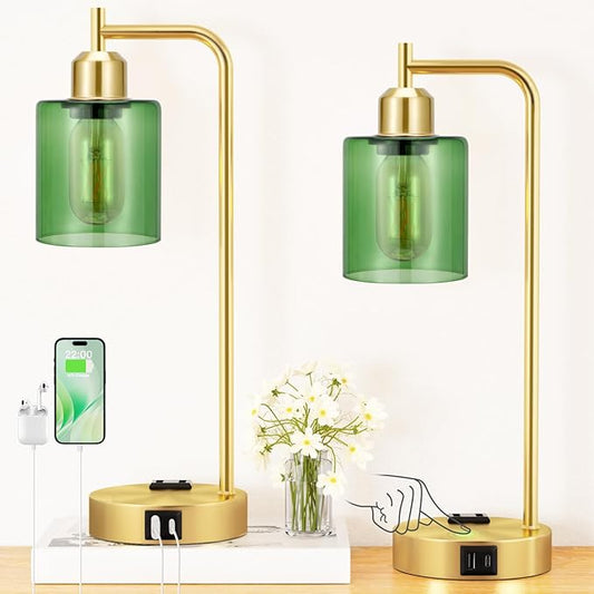 Innqoo Industrial Green Table Lamps for Bedrooms Set of 2-3-Way Dimmable Desk Lamp with USB C+A Ports and Outlet, Gold Lamps with Green Glass Shade for Living Room - Bloomnest