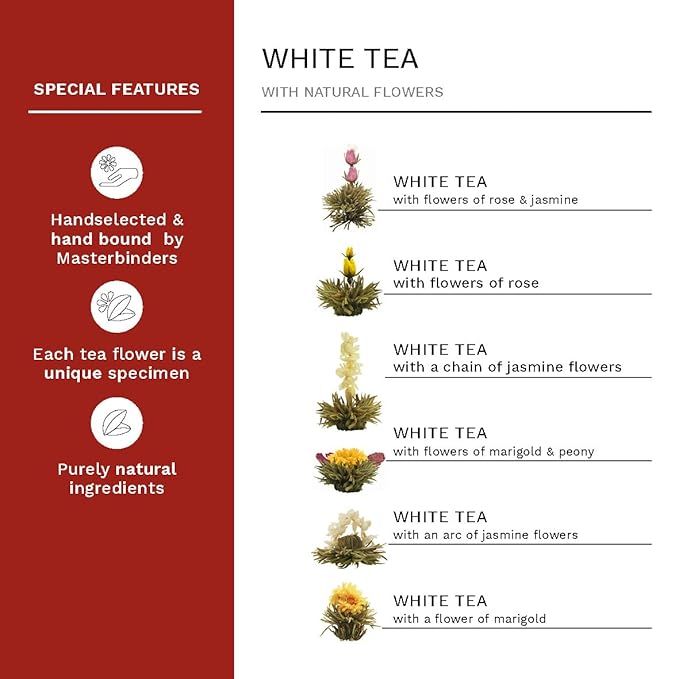 Creano Blooming Tea - Flowering Ball Gift Set in Stylish Wooden Box - 12 Pieces, White Tea - Bloomnest
