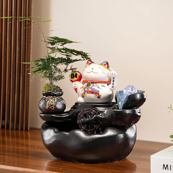 Desk Waterfall Fountain Indoor with Chinese Ceramic Lucky Cat Waving Arm Figurine，Tabletop Mini Water Fountains Decoration and Small Waterfalls - Bloomnest