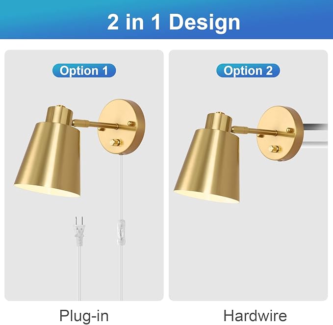 Plug in Wall Sconces, Dimmable Wall Sconces Adjustable Angle Wall Lights with Plug in Cord and Dimmer On/Off Knob Switch, Gold Wall Mounted Light for Bedroom Bedside Stairway(2 Pack, 2 Bulbs) - Bloomnest
