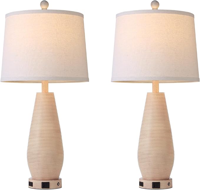 Farmhouse Table Lamps Set of 2 with USB C+A Ports and AC Outlet, 3 Way Touch Rustic Bedside Lamps for Living Room, 26.5" Cream Vintage Lamps for Bedroom Nightstand - Bloomnest