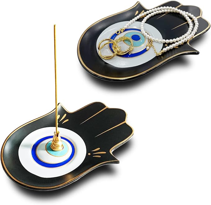 Ceramic Hamsa Hand Incense Holder - 2 in 1 Brass Incense Holder for Sticks and Coil Incense- Zen Decor with Hand of Fatima Design Protection from Evil - 6.2" L X 4.5" W (Blackeye) - Bloomnest