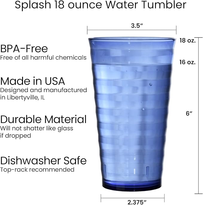 US Acrylic Splash [Set of 16] 18 ounce Plastic Stackable Water Tumblers in 4 Coastal Colors Value Set of Drinking Cups, Reusable, BPA-free, Made in the USA, Top-rack Dishwasher Safe - Bloomnest
