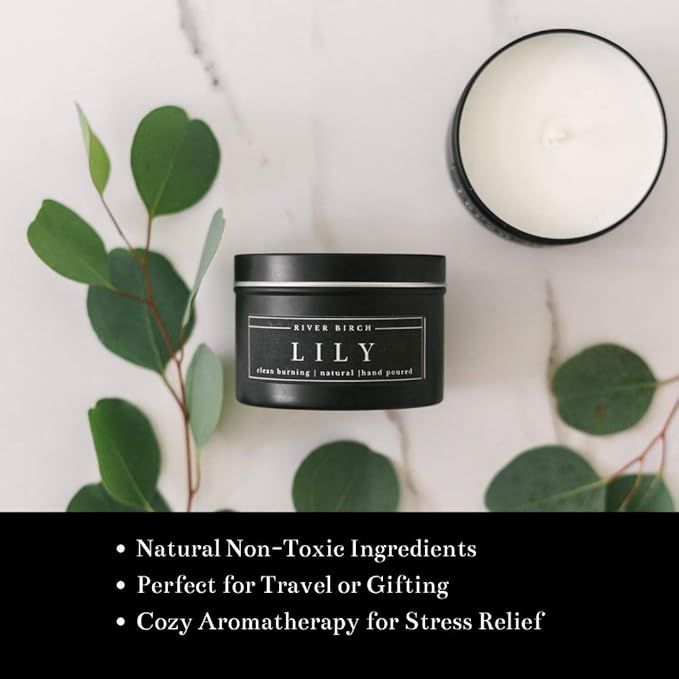 River Birch Candles Lily Scented Candle | Premium, All-Natural, Non-Toxic, Soy Candles | 8 oz. Black Matte Tin Travel Candle | Cozy Relaxing Gifts for Home - Bloomnest