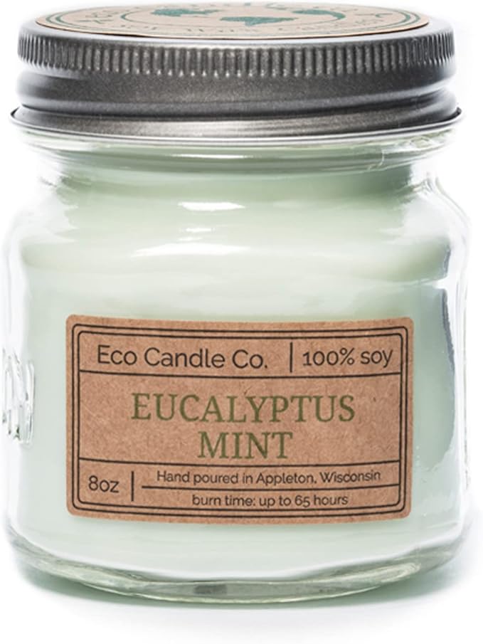 ECO CANDLE CO. Mason Jar Candle, Eucalyptus Mint, 8 oz. - Scents of Eucalyptus, Spearmint, & Peppermint - 100% Soy Wax, No Lead, Kraft Label & Antiqued Pewter Lid, Hand Poured, Midwest Grown Soybeans - Bloomnest