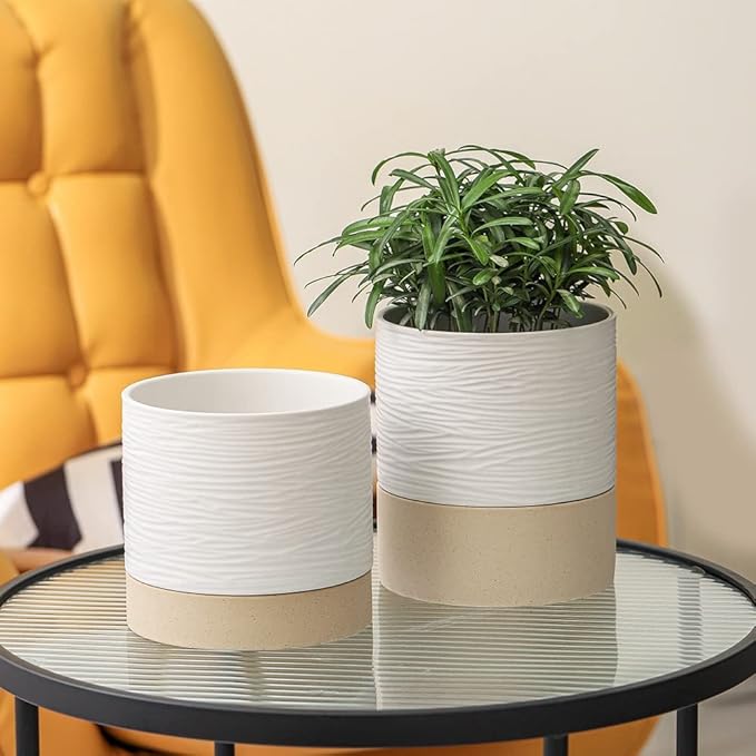 Nihow Self Watering Plant Pot: 6 Inch Ceramic Planter with Drainage Hole & Water Storage Plus for Indoor & Outdoor Plants - Cylinder Round Flower Pot for Succulent/Herbs/Violets - White & Brown - Bloomnest