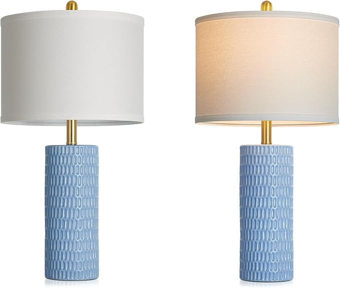 27" Blue Ceramic Lamps Set of 2, Coastal Ceramic Table Lamps for Living Room with Rotary Switch, Classic Bedside Lamp for Nightstand, Tall Lamps for Bedroom Side End Table Home Decor - Bloomnest