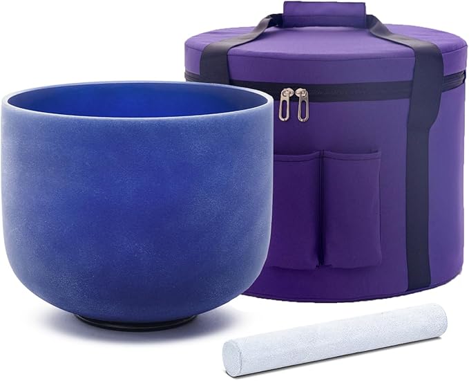 Hye-eun Indigo Crystal Singing Bowl, 8inch A note Frosted Quartz Sound Bowl 432hz Third-Eye Chakra with Carrier Case for Yoga Healing Sound Energy Vibration - Bloomnest