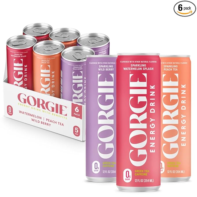 GORGIE Sugar Free Natural Energy Drinks, Sparkling Original Variety Pack (6 Cans) Healthy Energy Drink, Natural Coffee Replacement with Green Tea Caffeine and Biotin 150mg Caffeine, Vegan, Low Calorie - Bloomnest