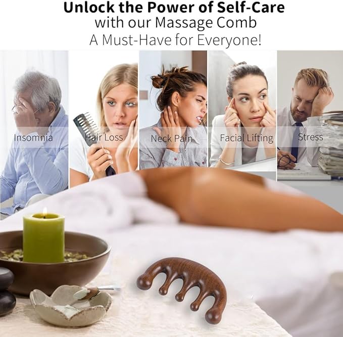 Handmade Scalp Massage Comb - 100% Natural Portable Wide Tooth Scraping Stimulator Wooden Massager - Manual Guasha Tool for Face Head Eye Nose Neck Back - Relaxing Wood Gift for Women Men - Bloomnest