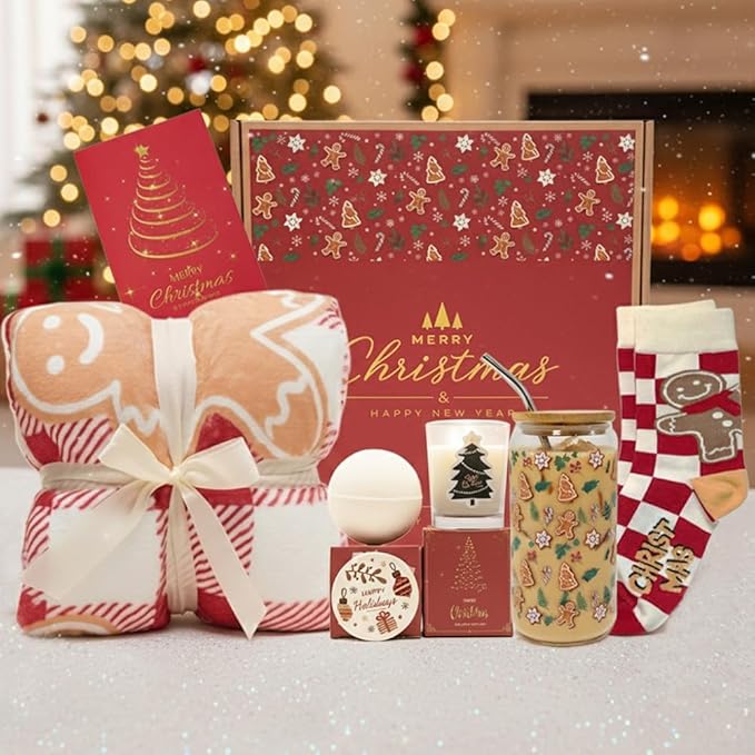 Cozy Christmas Gifts for Women - Unique Holiday Gift Basket with Soft Throw Blanket, Chic Glass Tumbler & Spa Set - Holiday Presents for Mom, Sister, Best Friend, Wife, Coworker - Bloomnest