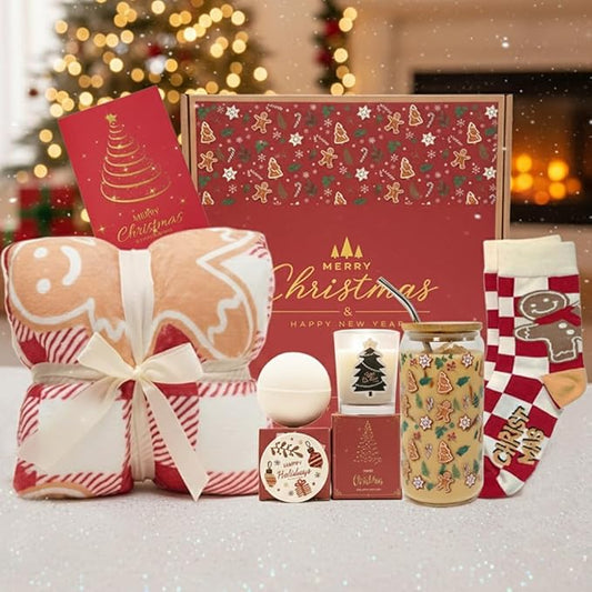 Cozy Christmas Gifts for Women - Unique Holiday Gift Basket with Soft Throw Blanket, Chic Glass Tumbler & Spa Set - Holiday Presents for Mom, Sister, Best Friend, Wife, Coworker - Bloomnest